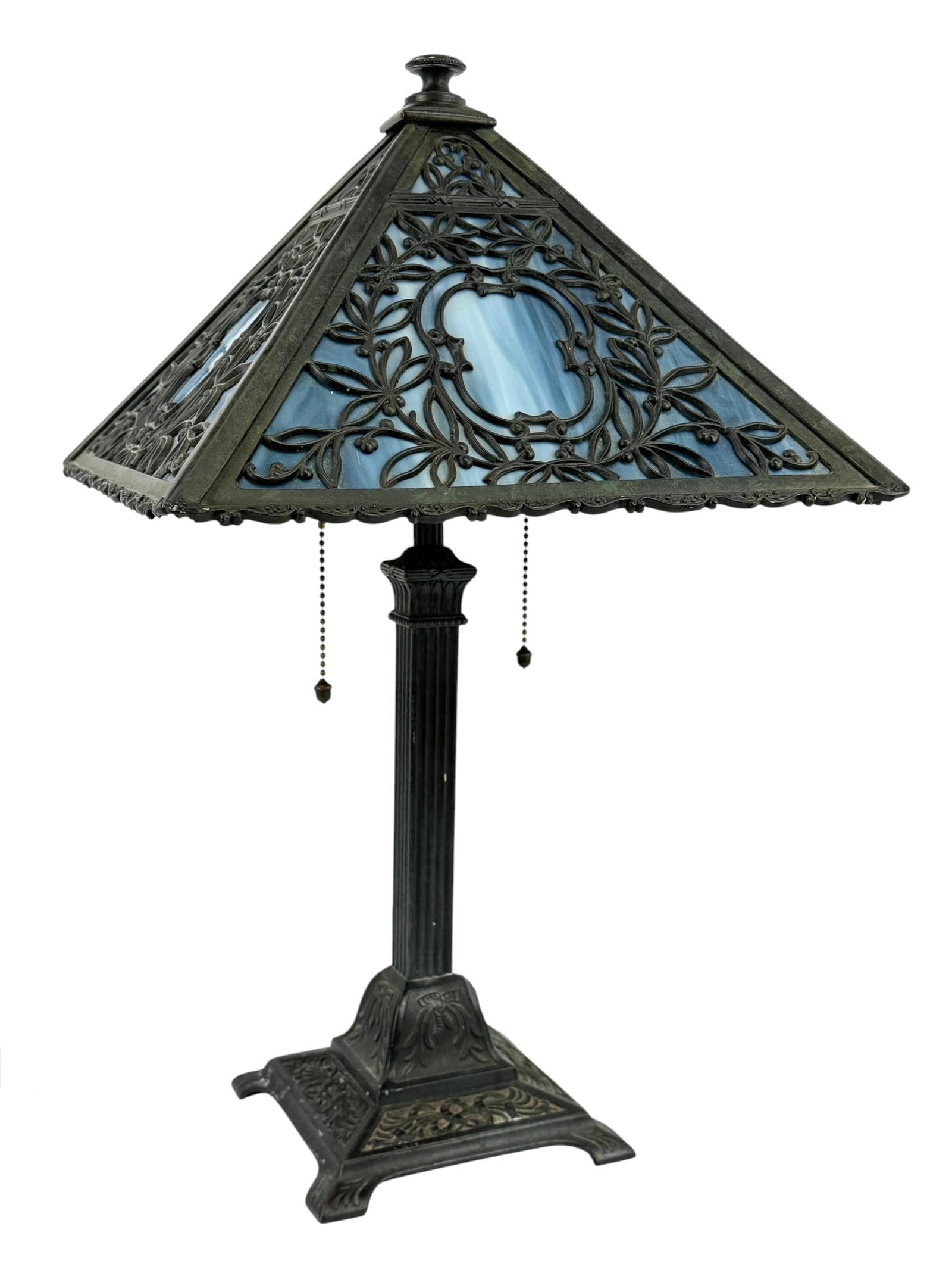 Art Nouveau Marbled Slag Glass Filigree Lamp