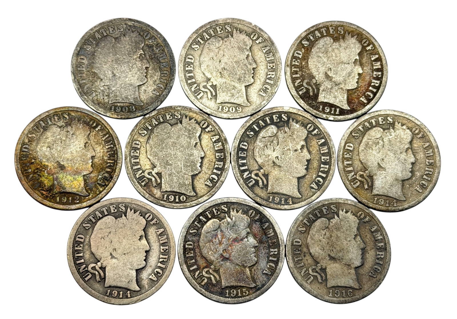 Lot of 1908-1916 Barber Silver Dimes 10c US Philadelphia Denver Mint American Coin Lot
