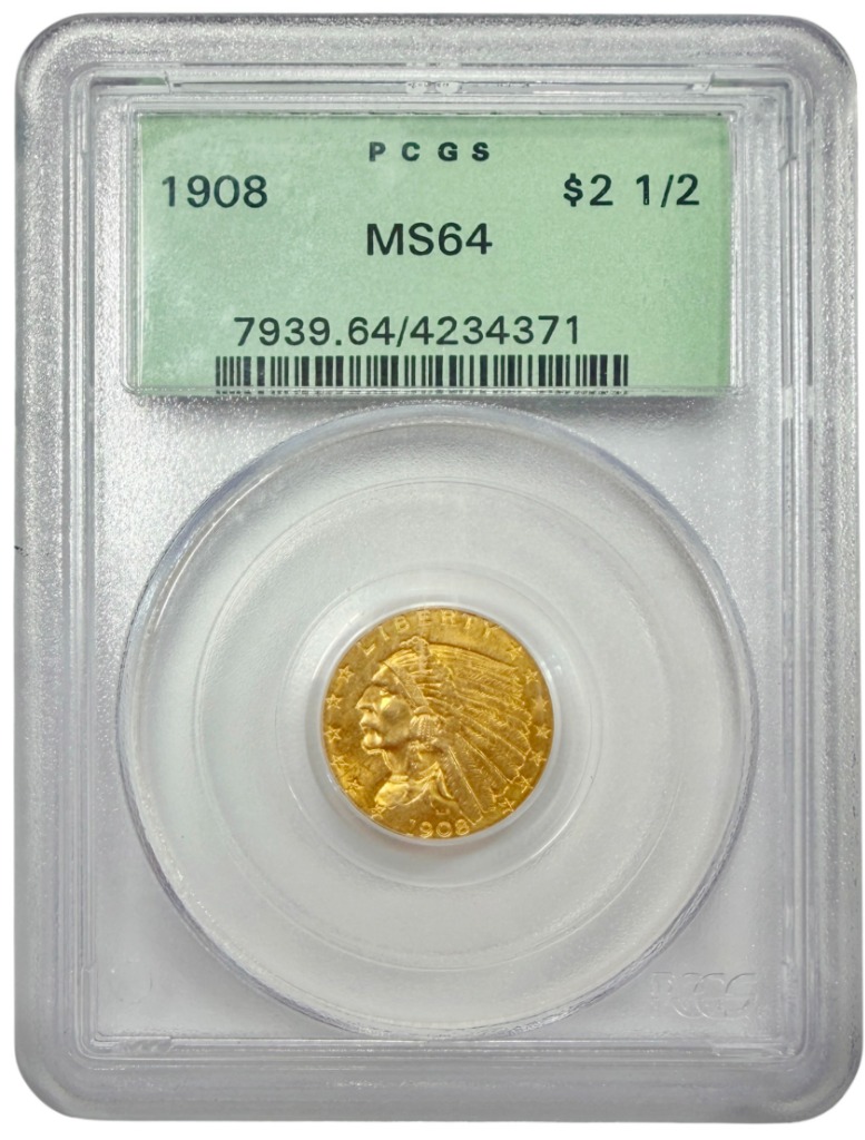 Certified 1908 Indian Head $2.5 Gold Coin PCGS MS64 in Slab