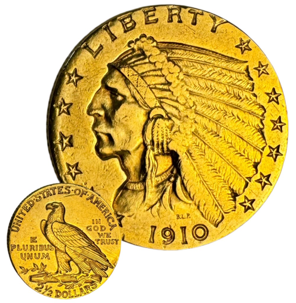 Antique 1910 United States Indian Head Gold Half Eagle Two and a Half Dollar Coin
