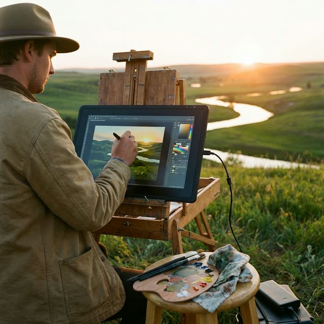 A person painting a landscape on a digital drawing tablet en plein air