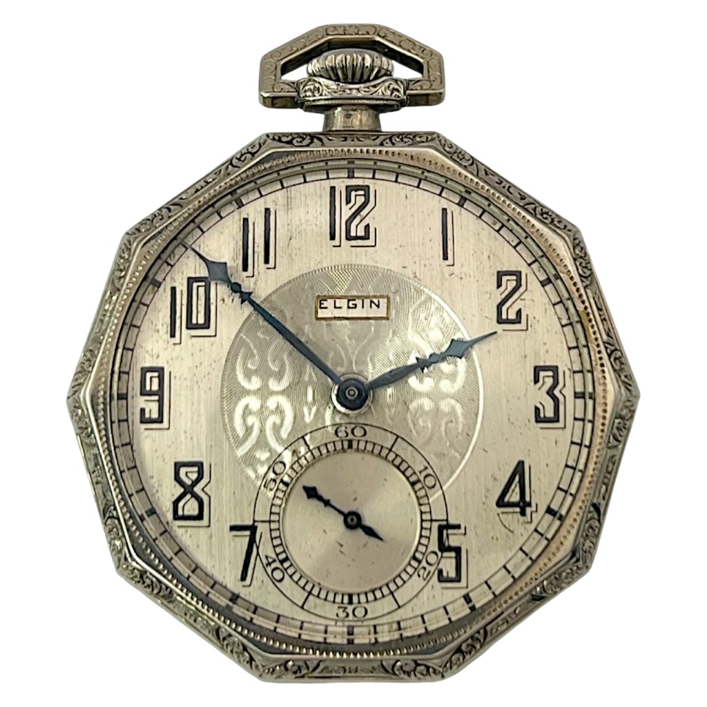 Antique Elgin Octagonal Gold-Filled Open Face Pocket Watch with Sub-Second Dial